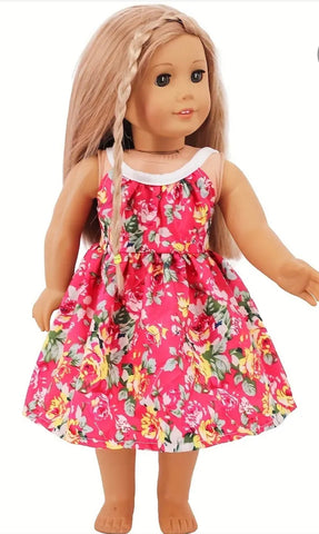 Cute One-Piece Pink Flower Print Dress Made to Fit Popular 18 Inch Dolls