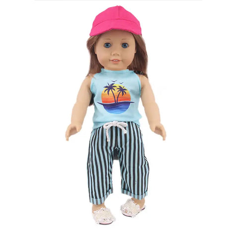 Three-Piece Summer Outfit with Cap, Cargo Pants and Cap Made to fit 18 inch Dolls