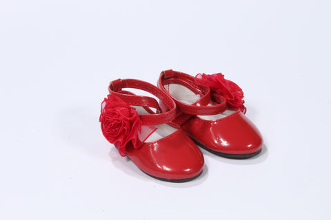 Red Cross-Strap Shoes with Large Rosette
