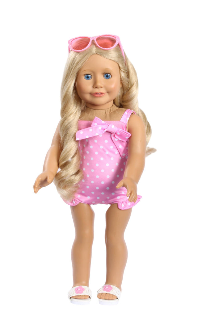 Girly Pink Polka Dot Swimsuit Set with Matching Polka Dot Sunglasses and Sandals
