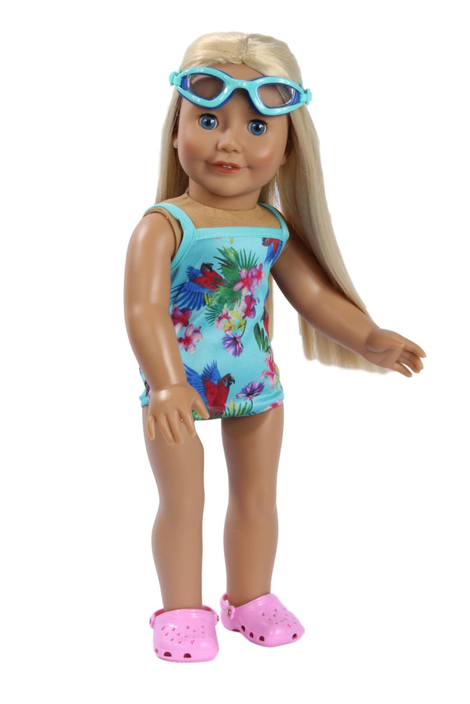 Tropical Bathing Suit with Matching Swim Goggles and Pink Crocs