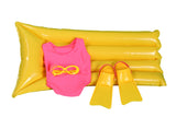 Four Piece Swim Set with Air Mattress, Flippers, Tropical Sunglasses and Hot Pink Bathing Suit